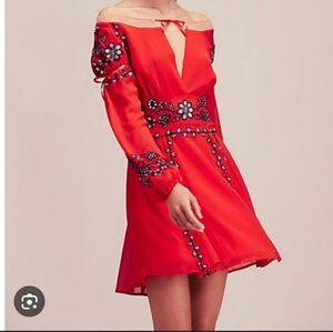 For Love & Lemons Niccola Mini Dress Size XS Red & Black Embroidered Floral